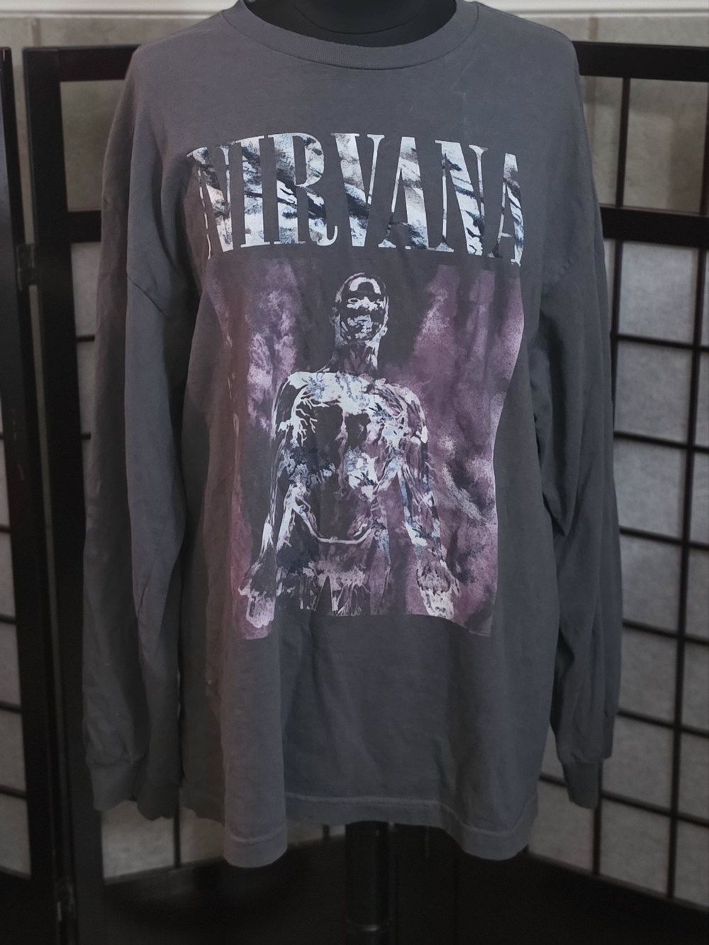 NIRVANA Long Sleeve Graphic Tee - Charcoal with Purple and White Print